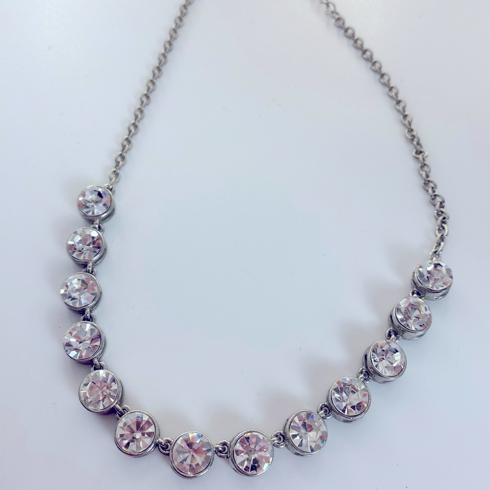 Cookie Lee Silver Tone Necklace 16” with Clear Round Rhinestone Gems